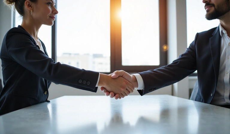 Two business professionals shaking hands, symbolizing communication and partnership